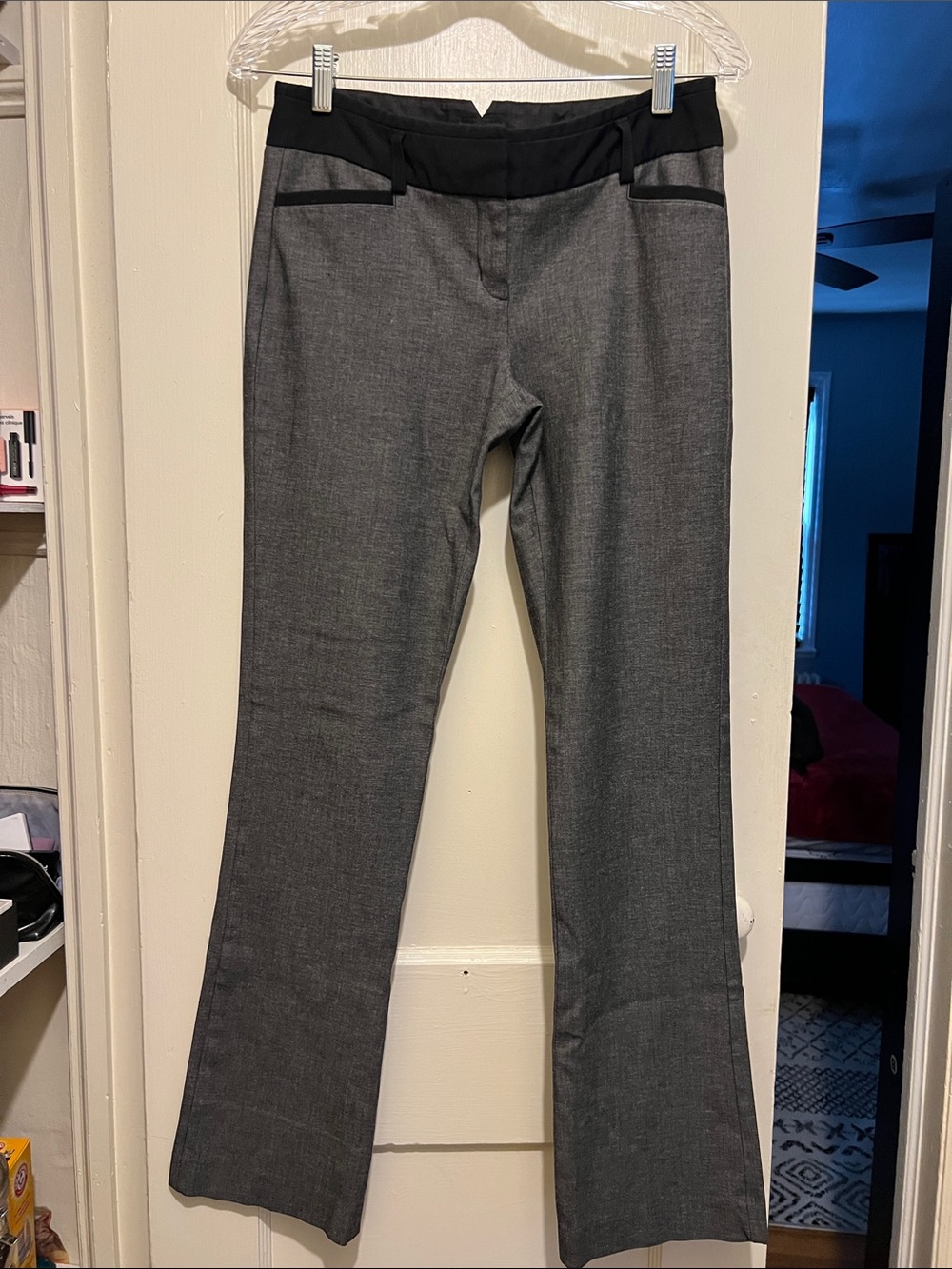 Express Gray Stretch Bootcut Pants with Black Waistband